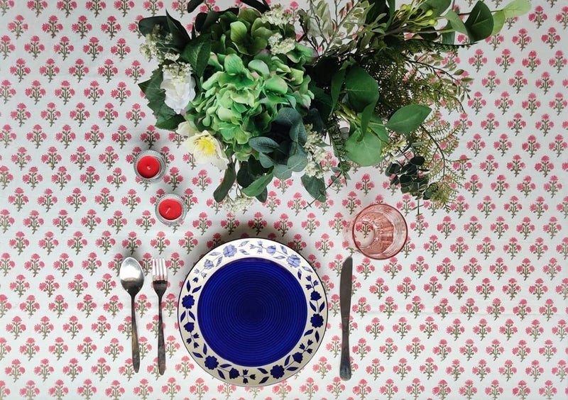 ATOSII Gulbahar White Pink 100% Cotton Spring Summer Square Tablecloth, Handblock Print Floral Table Cloth for Kitchen Dining Linen I Weddings, Outdoors, Easter 60 X 60 Inches I 4 Seater - Image 5